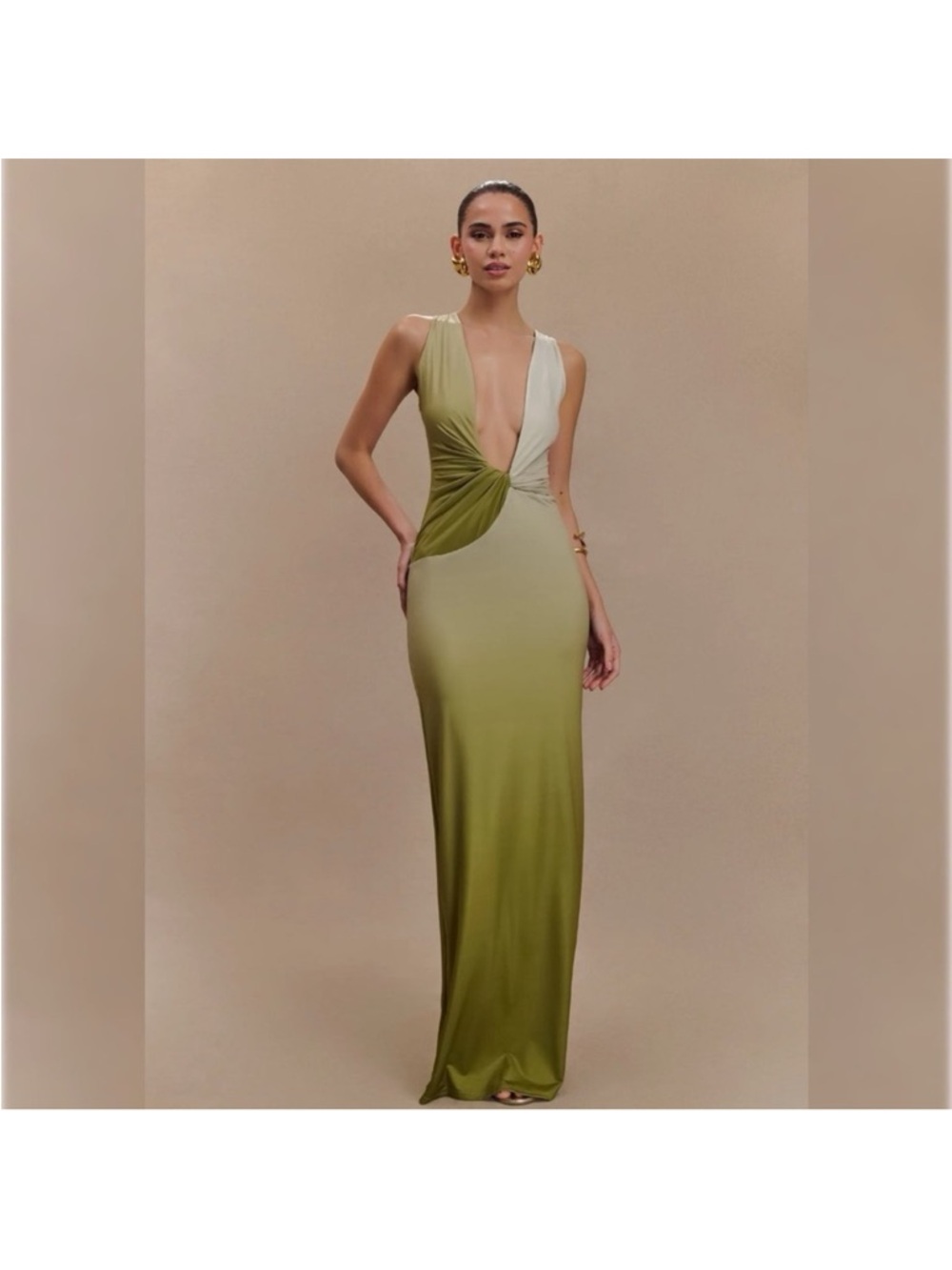 Meshki Olive Ombre Plunge Maxi Dress